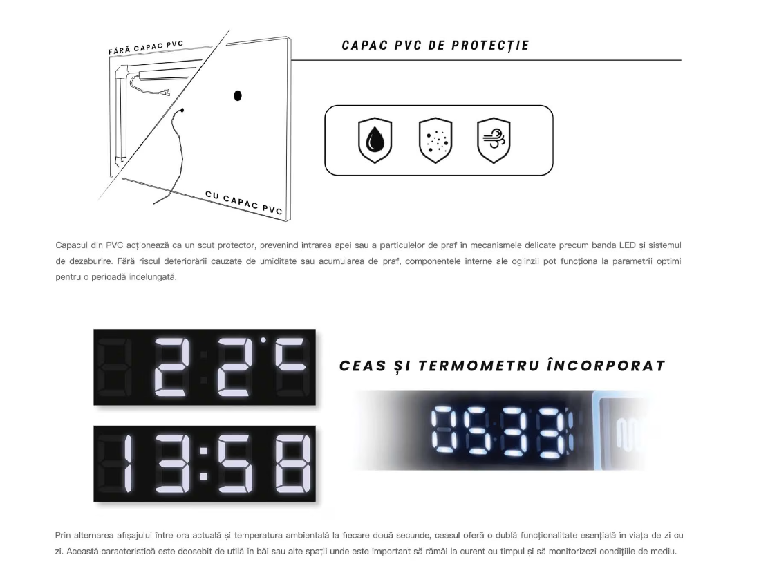 Oglinda Led Dreptunghiulara, cu Functie Dezaburire si Sistem Touch, Ceas si Termometru W09/60x80cm