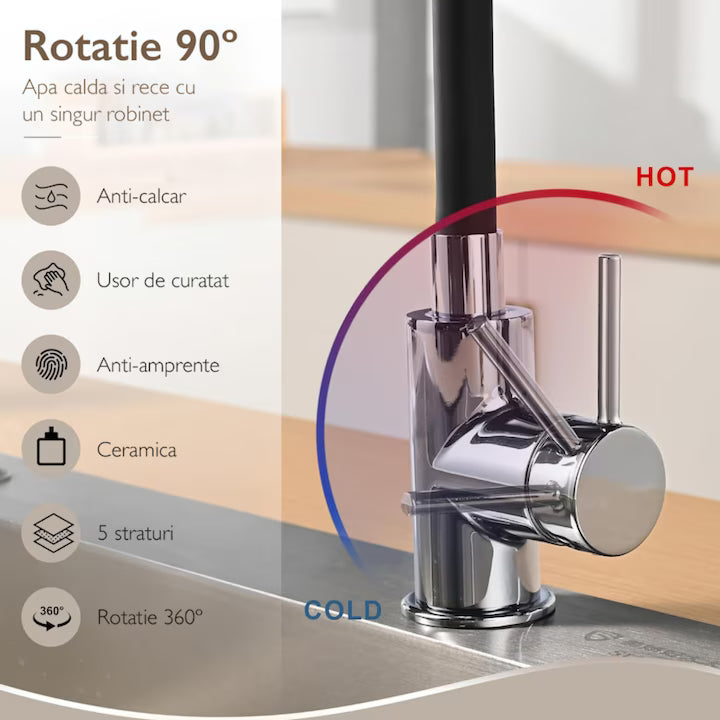 Baterie Chiuveta Bucatarie ®OPTIMDEKO, Flexibila, Inox, Pipa Inalta, Cartus Ceramic, Monocomanda, Racorduri Incluse, Acoperita Silicon, Rotativa, Alb