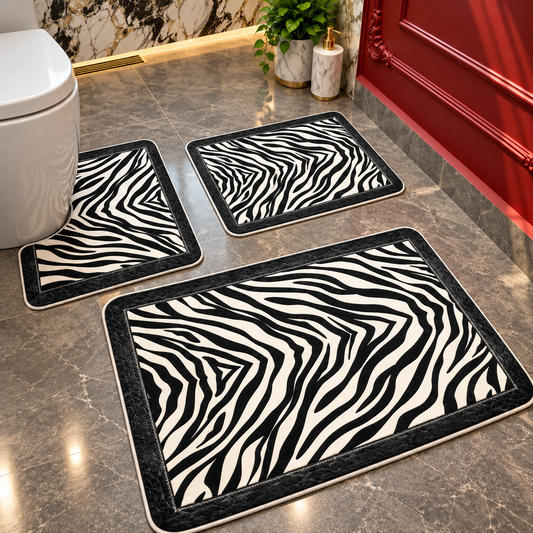 Covorase Baie Premium, ®OPTIMDEKO, 3 Piese, Polipropilena, Antiderapante si Absorbante, Textura Moale, Design Elegant, Model Zebra