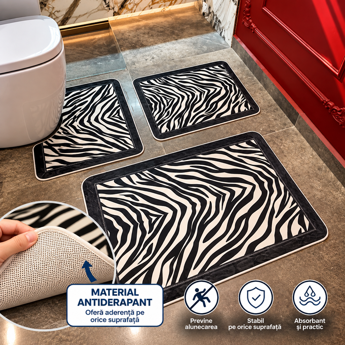 Covorase Baie Premium, ®OPTIMDEKO, 3 Piese, Polipropilena, Antiderapante si Absorbante, Textura Moale, Design Elegant, Model Zebra