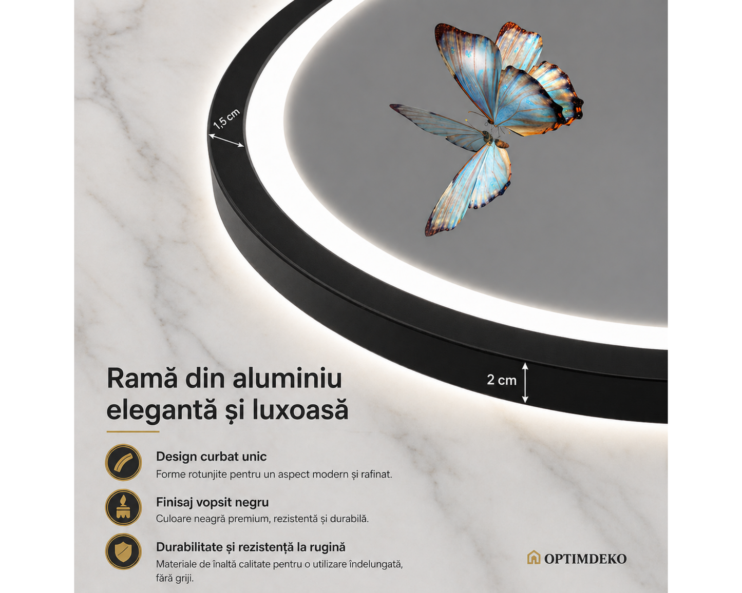 Oglinda LED din Colectia Marcello Funghi Ovala, cu Rama Neagra, si Functie Dezaburire, Dimabila, Sistem Touch, model E15/50x80cm