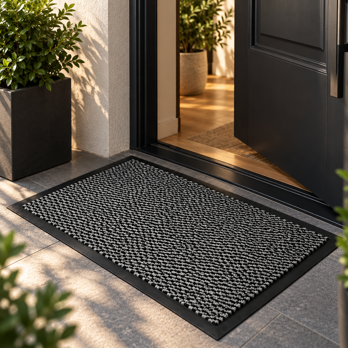 Covoras de Intrare OPTIMDEKO, 60x40 cm, Antiderapant, Absorbant si Antimurdarie, Baza din Cauciuc, Rezistent, pentru Interior si Exterior, Negru Gri