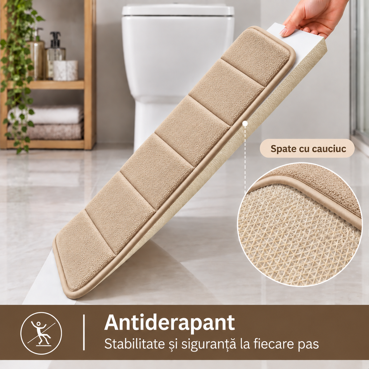 Covorase de Baie ®OPTIMDEKO, Spuma cu Memorie, 80x50 cm + 50x40 cm, Suprafata Moale si Absorbanta, Antiderapante, Lavabile, pentru Baie si WC, Crem