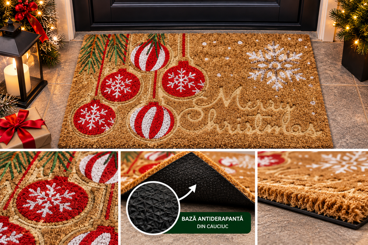 Covoras intrare Craciun, fibra cocos si cauciuc, DM 139, Merry Christmas, 75x45 cm