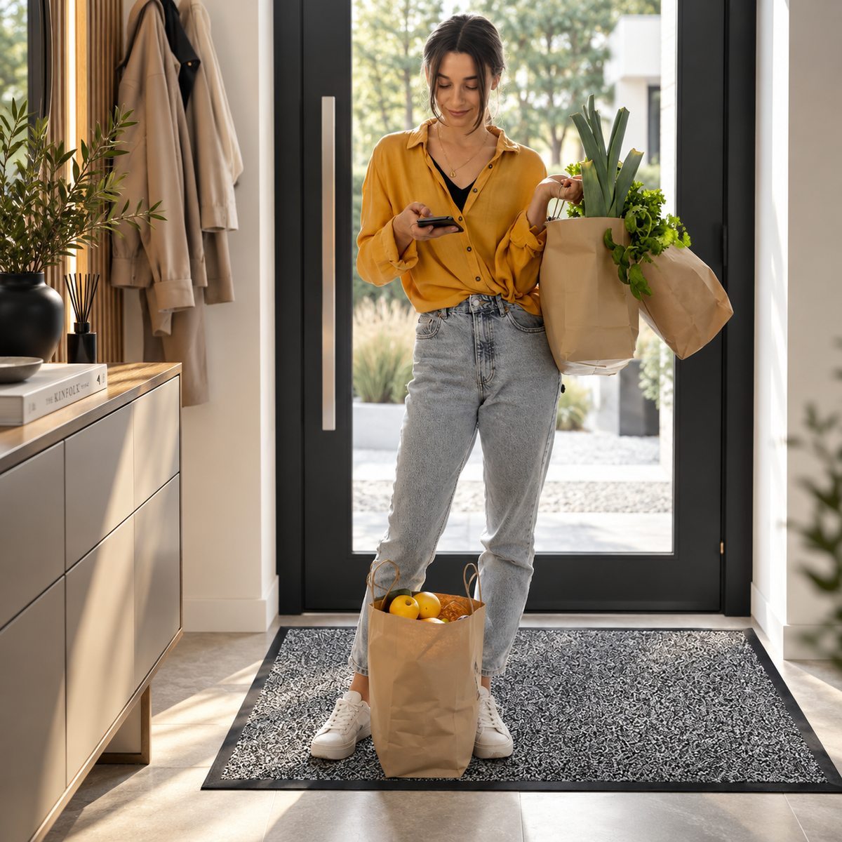 Covoras de Intrare OPTIMDEKO, 60x40 cm, Antiderapant, Absorbant si Antimurdarie, Striat, Baza din Cauciuc, Rezistent, pentru Interior si Exterior, Gri