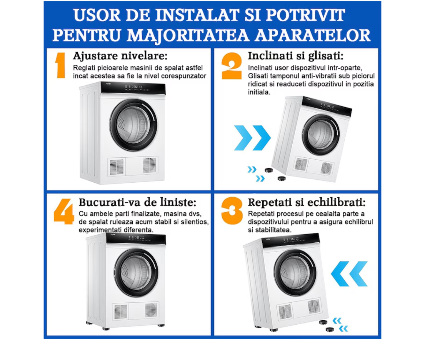 Set 4 picioruse amortizare Groase, anti vibratii sau inaltare pentru Masina de Spalat, Uscator, Frigider, Mobilier, Negru, Universale