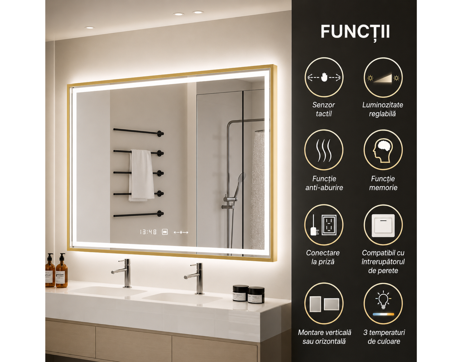 Oglinda LED Colectia Marcello Funghi Dreptunghiulara, cu Functie Dezaburire si Sistem Touch, Rama Aurie, model W10/120x80