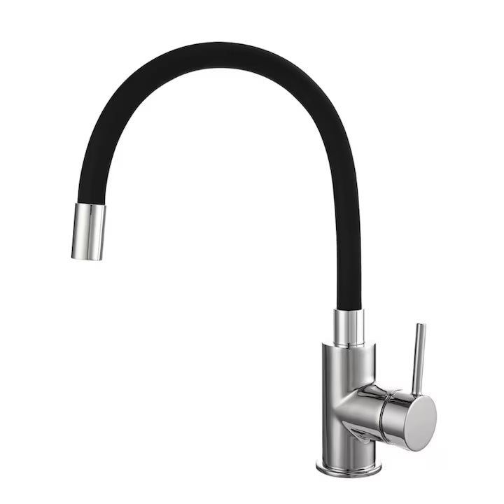 Baterie Chiuveta Bucatarie ®OPTIMDEKO, Flexibila, Inox, Pipa Inalta, Cartus Ceramic, Monocomanda, Racorduri Incluse, Acoperita Silicon, Rotativa, Negru