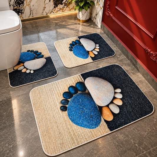 Covorase Baie Premium, ®OPTIMDEKO, 3 Piese, Polipropilena, Antiderapante si Absorbante, Textura Moale, Design Elegant, Model Pietre
