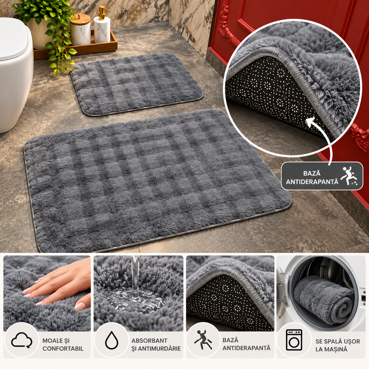 Set Covorase de Baie Ultra Pufoase si Antiderapante, 100x60 + 60x50 cm, Confort Premium, Grey