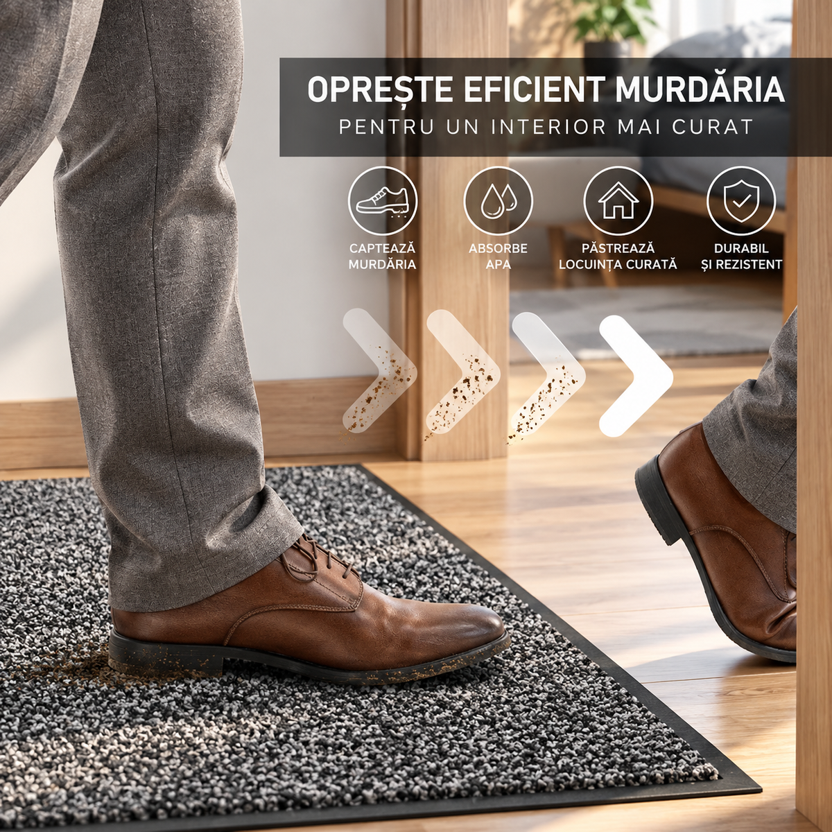 Covoras de Intrare OPTIMDEKO, 60x40 cm, Antiderapant, Absorbant si Antimurdarie, Striat, Baza din Cauciuc, Rezistent, pentru Interior si Exterior, Gri