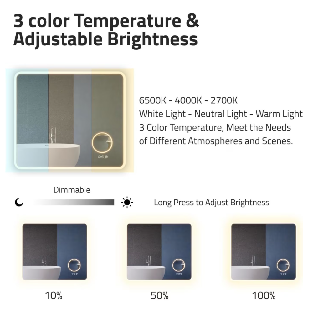 Oglinda LED Dreptunghiulara, cu Functie Dezaburire, Lupa Cosmetica si Sistem Touch, Colectia Marcello Funghi, W05 50x70cm