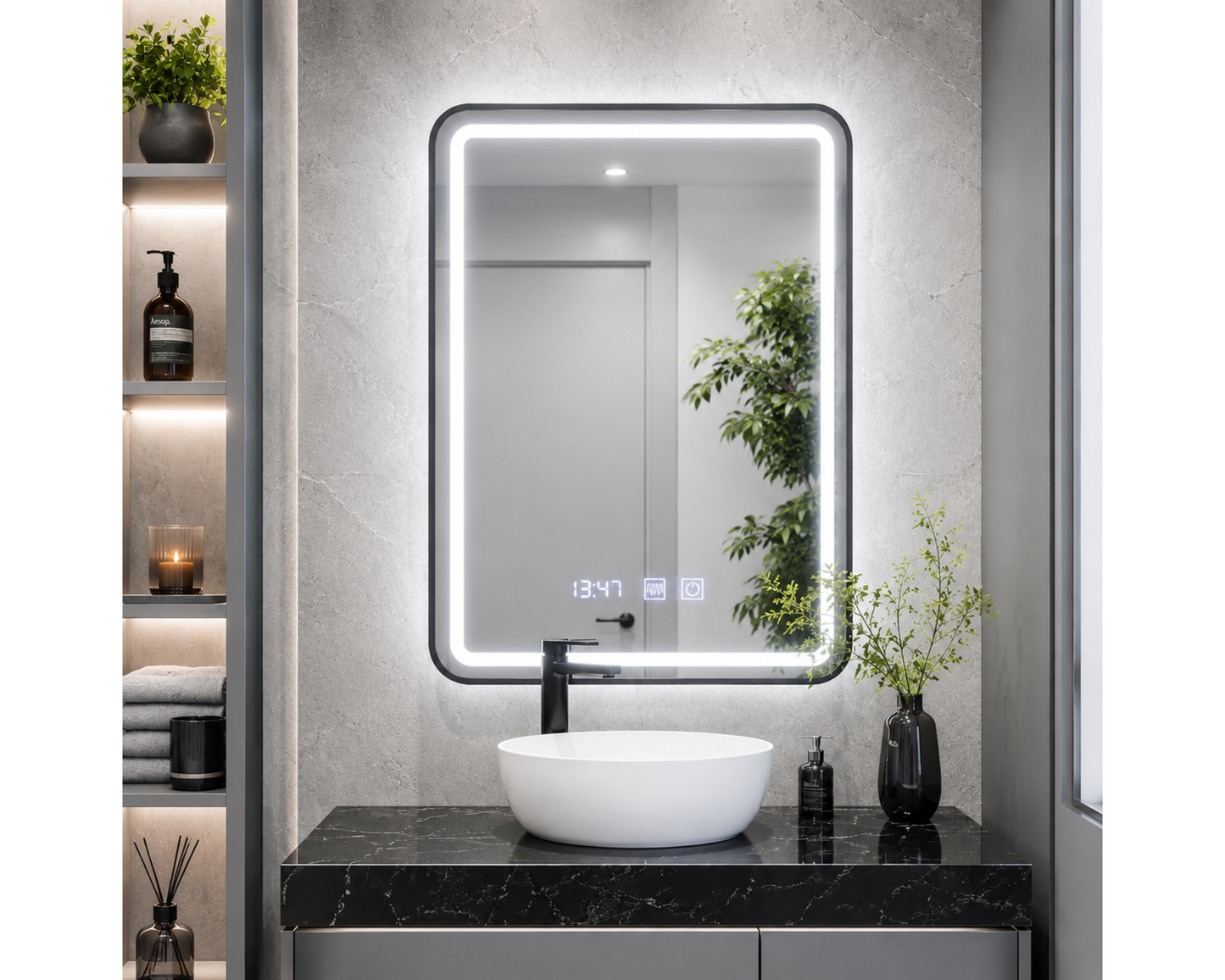 Oglindă LED Touch 60x80 cm cu Funcție Dezaburire, Ceas, Termometru și Ramă Negru Brushed – Colecția Korman
