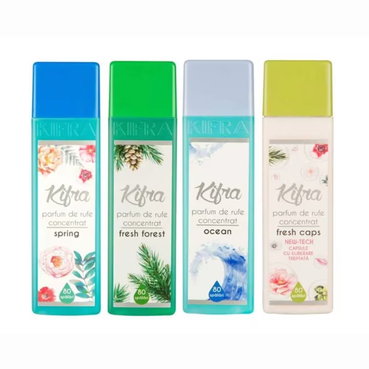 Pachet 4 x Parfum de Rufe Kifra, Fresh Caps, Ocean, Spring, Magnolia, 4 x 80 Spalari, 4 x 200 ml