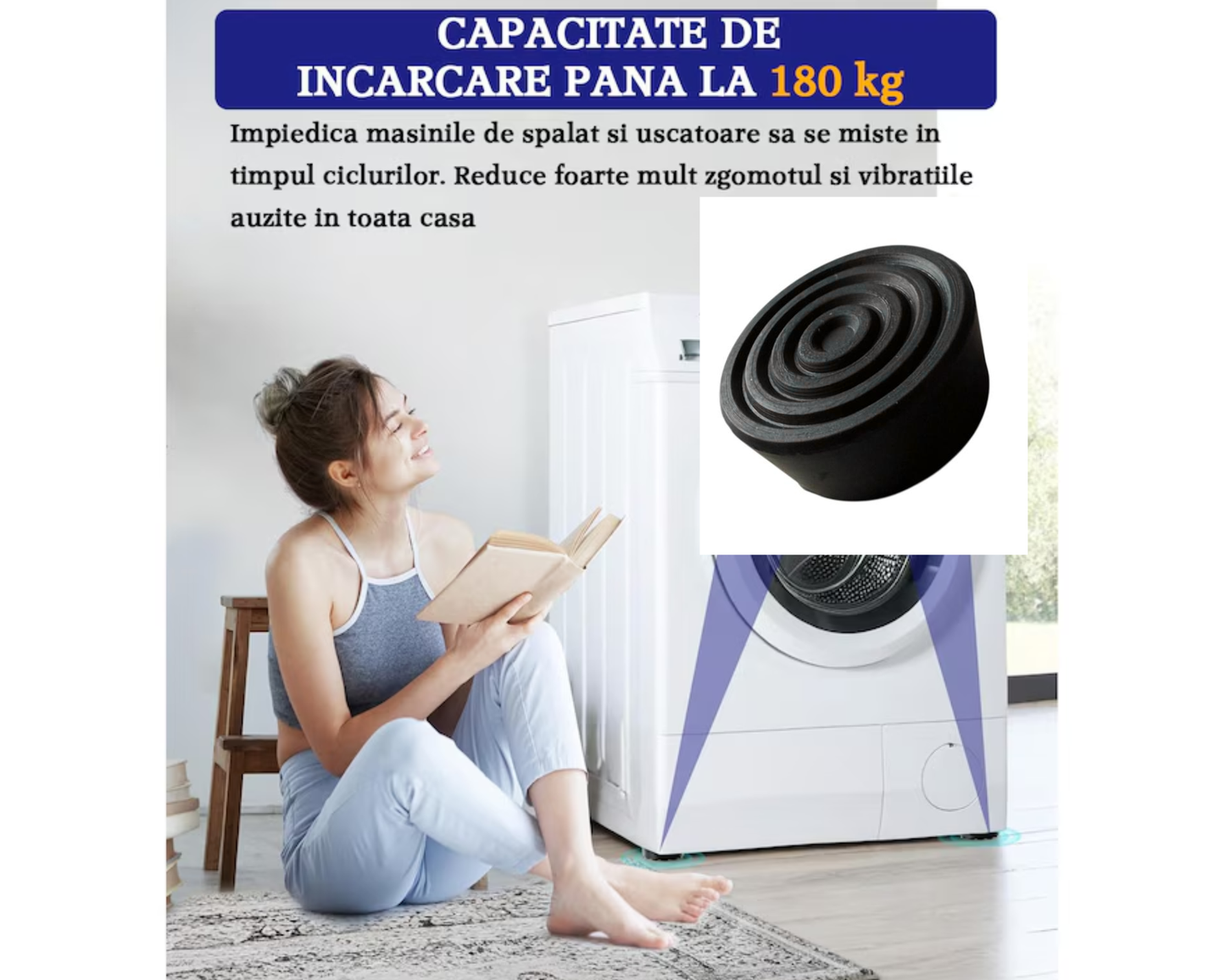 Set 4 picioruse amortizare Groase, anti vibratii sau inaltare pentru Masina de Spalat, Uscator, Frigider, Mobilier, Negru, Universale