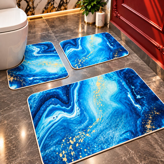 Covorase Baie Premium, ®OPTIMDEKO, 3 Piese, Polipropilena, Antiderapante si Absorbante, Textura Moale, Design Elegant, Albastru