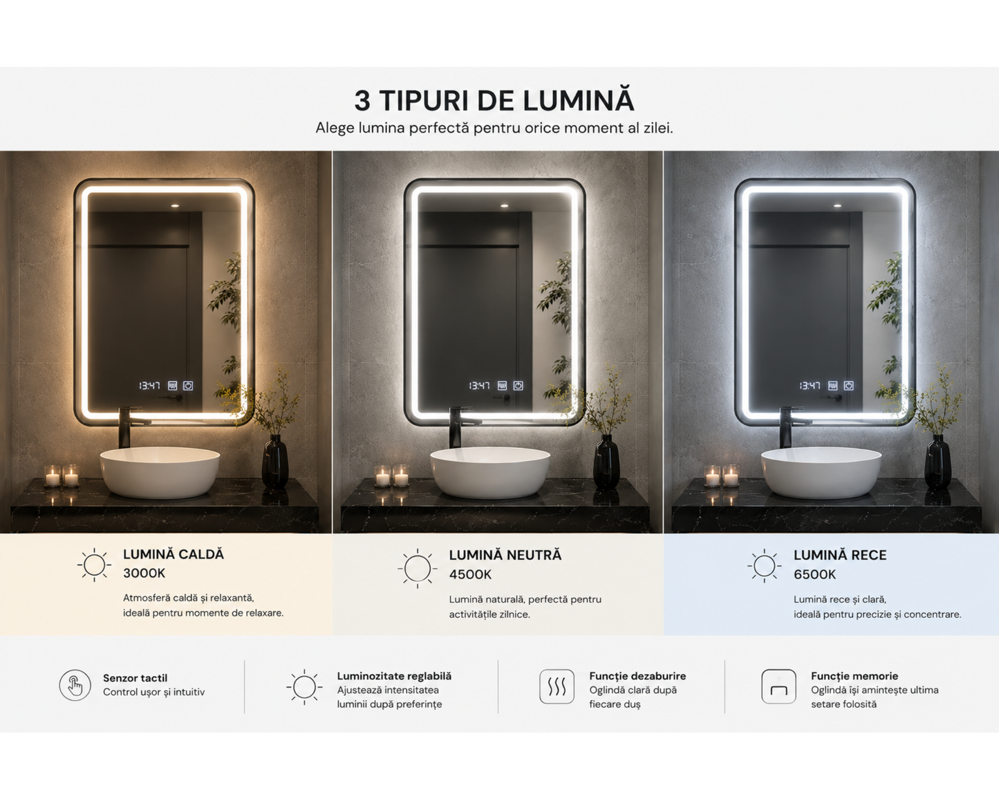 Oglindă LED Touch 60x80 cm cu Funcție Dezaburire, Ceas, Termometru și Ramă Negru Brushed – Colecția Korman