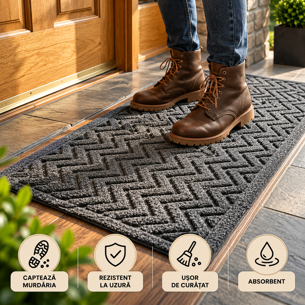 Covoras de intrare, interior & exterior ®OPTIMDEKO, 150 x 90 cm, anti-alunecare, foarte rezistent si durabil, Dirt Trapper, Gri