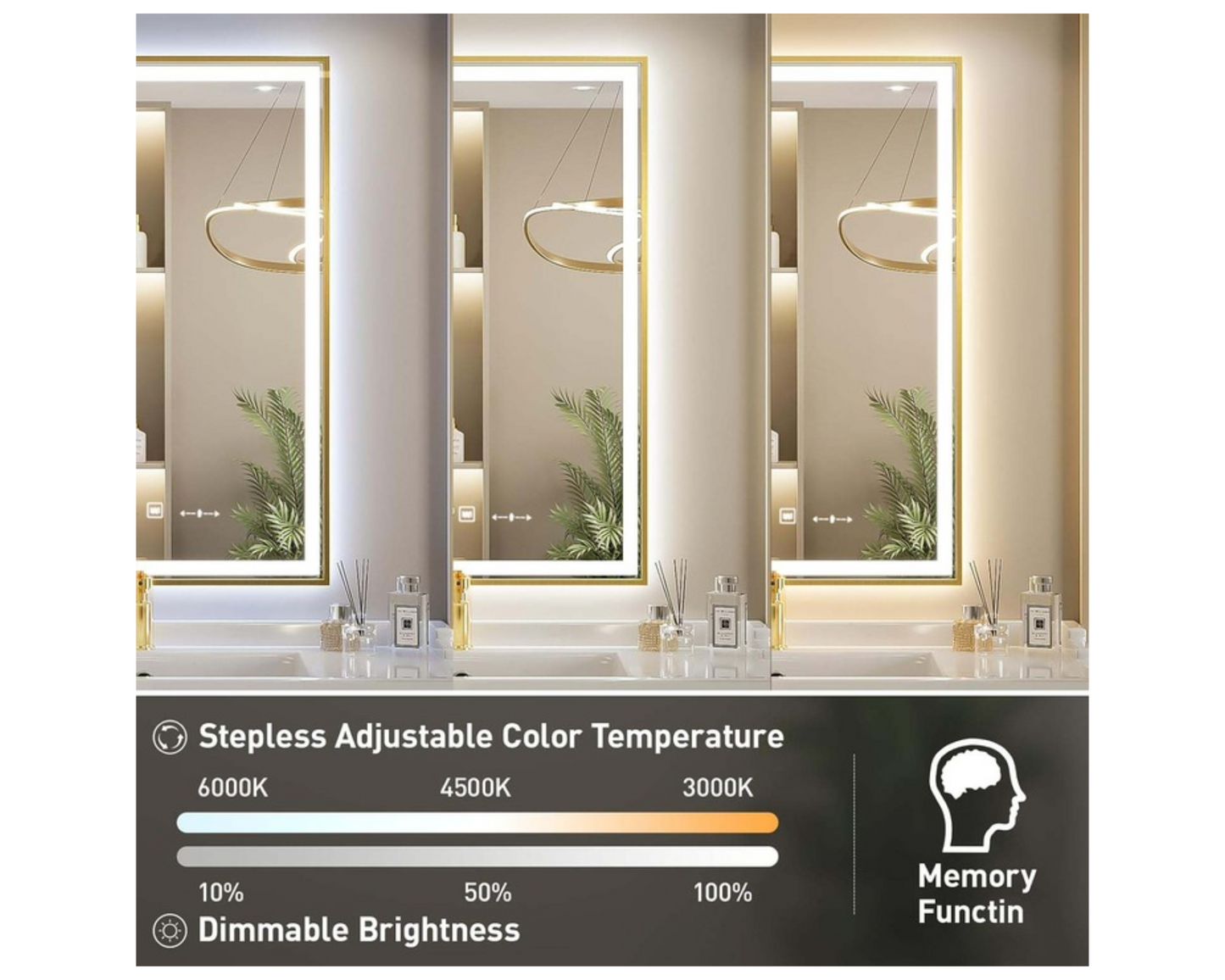 Oglinda LED Colectia Marcello Funghi Dreptunghiulara, cu Functie Dezaburire si Sistem Touch, Rama Aurie, model W10/60x80cm