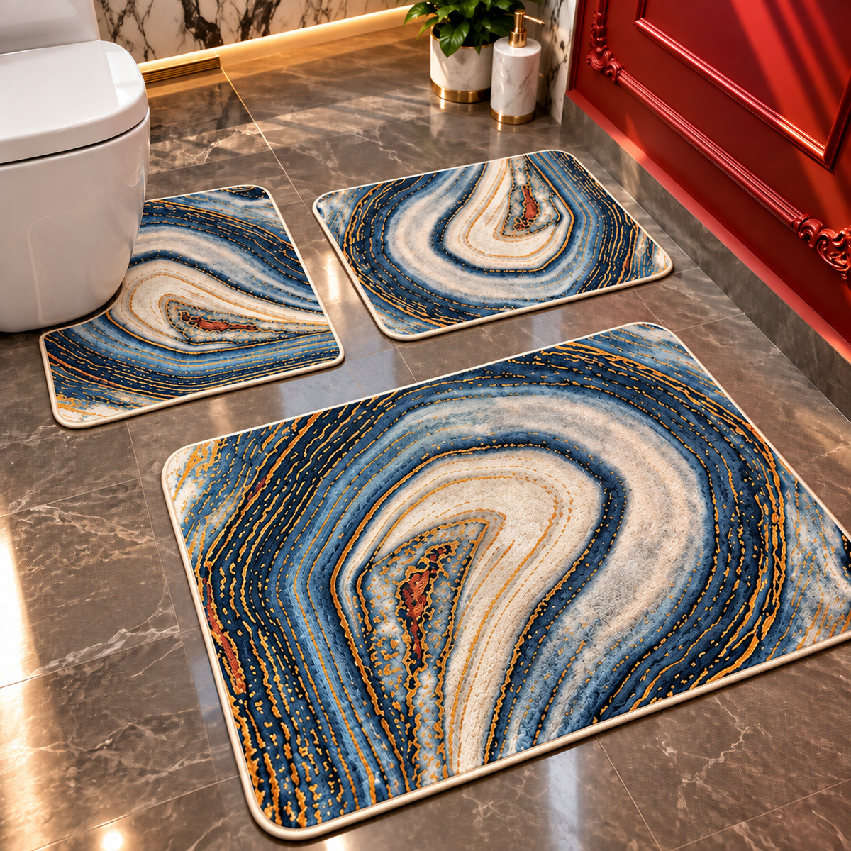 Covorase Baie Premium, ®OPTIMDEKO, 3 Piese, Polipropilena, Antiderapante si Absorbante, Textura Moale, Design Elegant, Model Cosmic
