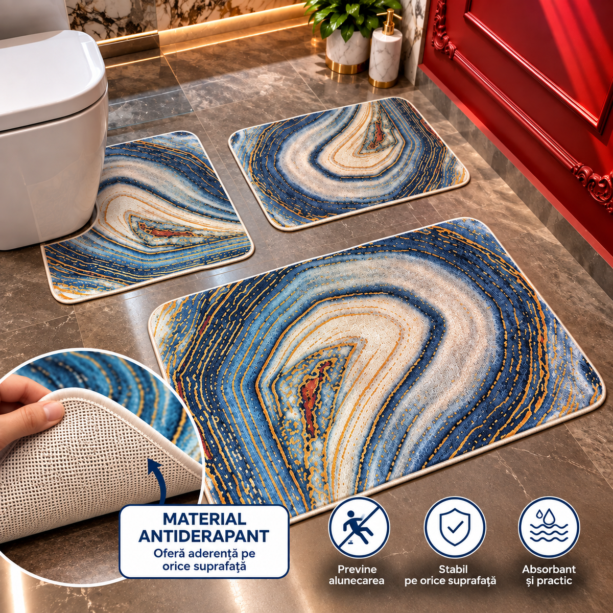 Covorase Baie Premium, ®OPTIMDEKO, 3 Piese, Polipropilena, Antiderapante si Absorbante, Textura Moale, Design Elegant, Model Cosmic