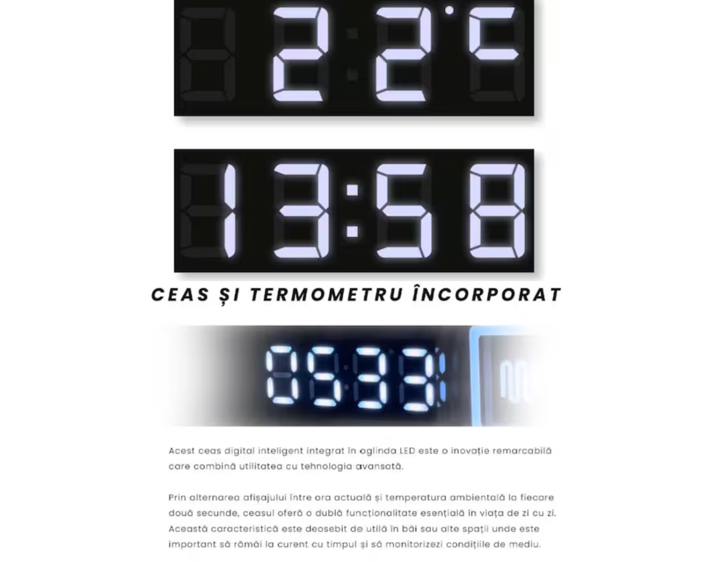 Oglindă LED Touch 50x80 cm cu Funcție Dezaburire, Ceas, Termometru și Ramă Auriu Brushed – Colecția Korman, model Konrad