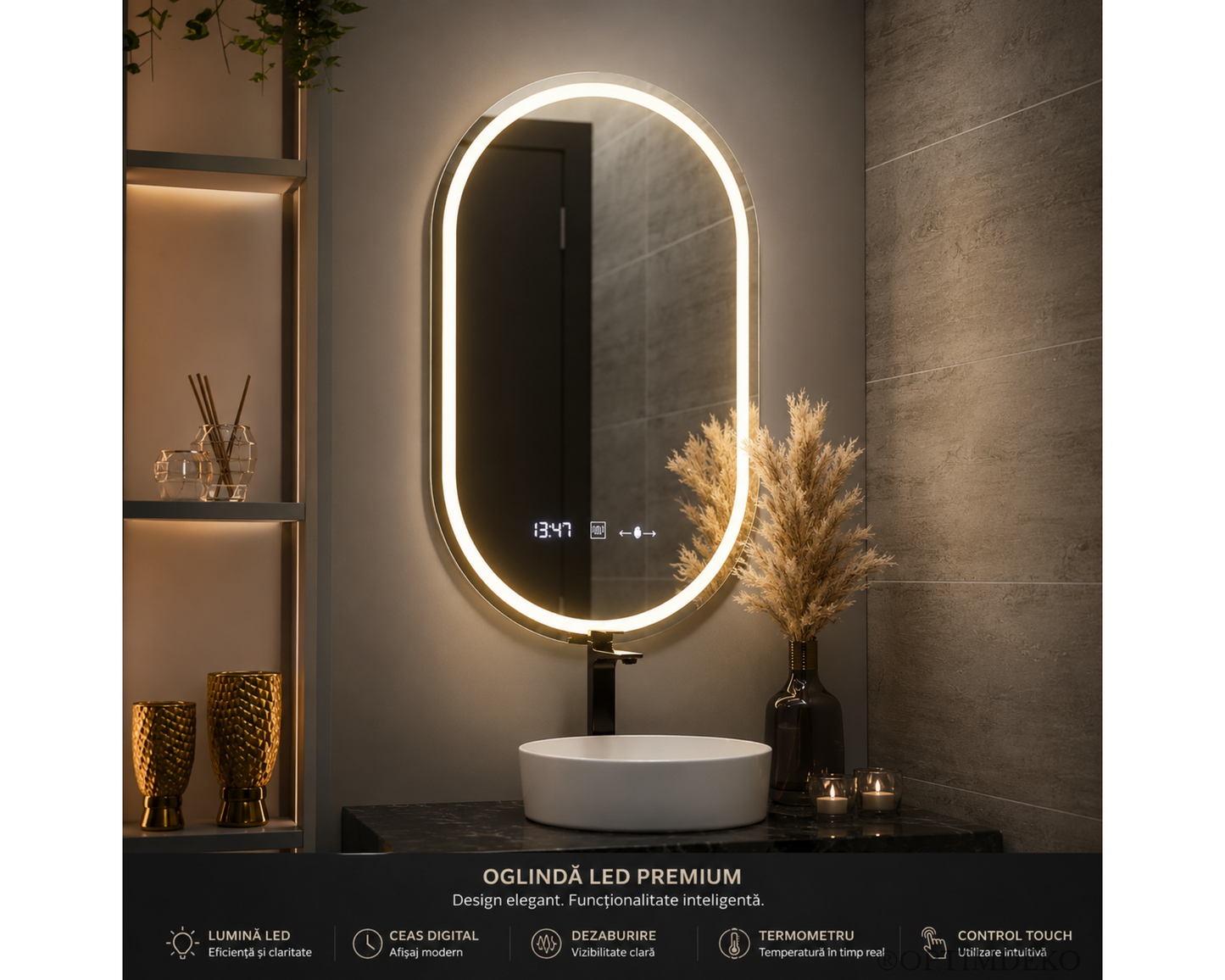 Oglinda LED din Colectia Marcello Funghi Ovala, cu Functie Dezaburire, Ceas, Termometru si Sistem Touch, model W14/60x80cm