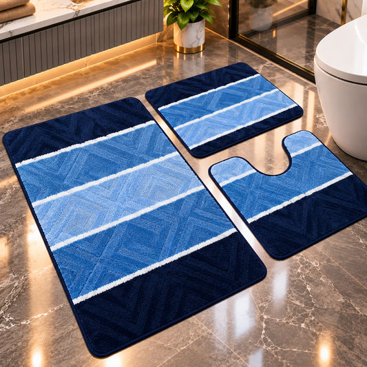 Covoras Baie Set 3 Piese, ®OPTIMDEKO, Antiderapant, Absorbant, 100x60 cm, 60x50 cm, 40x60 cm, Moale si Confortabil, Albastru Multi