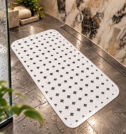 Covoras Antiderapant pentru Cada si Dus OptimDeko®, Transparent, PVC Premium, Ventuze Puternice, Textura cu Masaj pentru Talpi, Drenaj Rapid, Flexibil si Usor de Curatat, 65 x 36 cm, Alb
