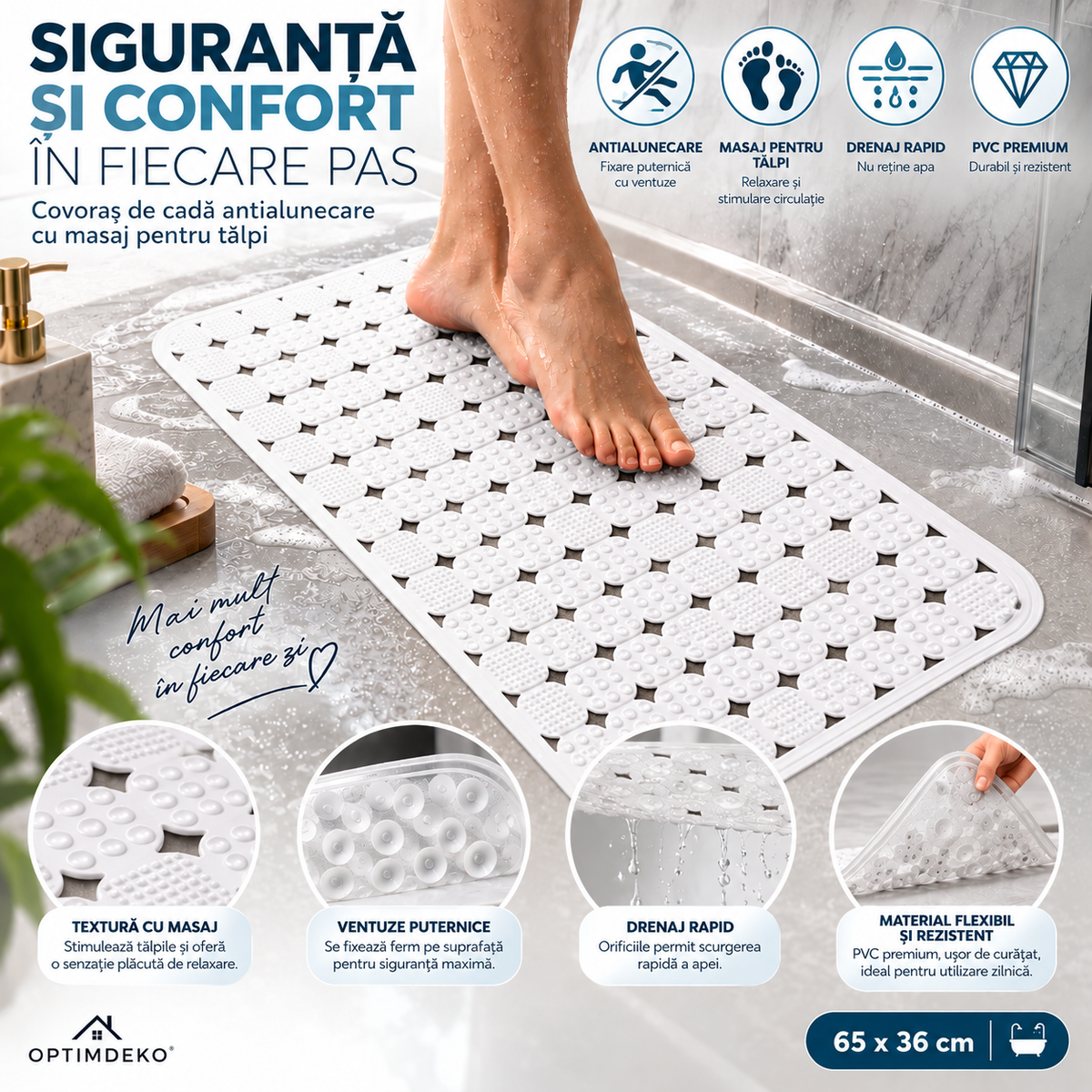Covoras Antiderapant pentru Cada si Dus OptimDeko®, Transparent, PVC Premium, Ventuze Puternice, Textura cu Masaj pentru Talpi, Drenaj Rapid, Flexibil si Usor de Curatat, 65 x 36 cm, Alb
