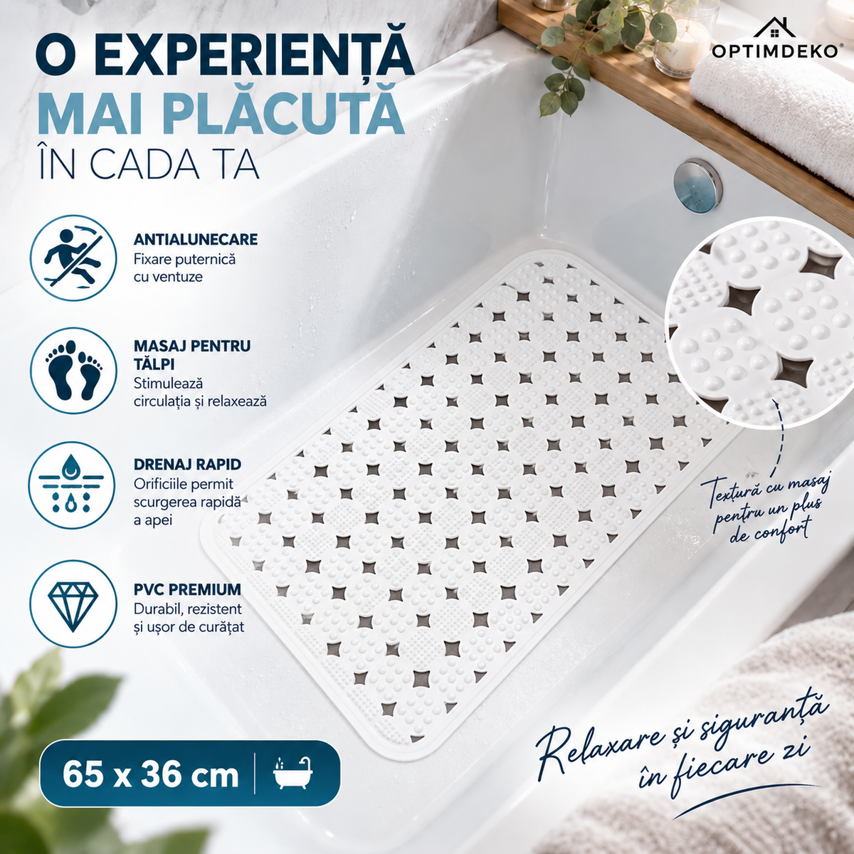 Covoras Antiderapant pentru Cada si Dus OptimDeko®, Transparent, PVC Premium, Ventuze Puternice, Textura cu Masaj pentru Talpi, Drenaj Rapid, Flexibil si Usor de Curatat, 65 x 36 cm, Alb