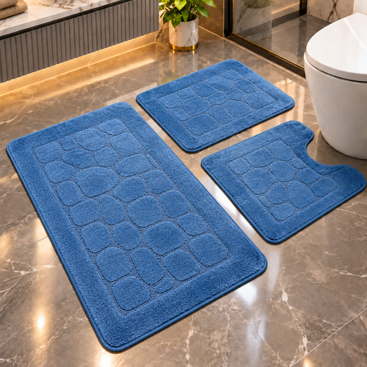 Covoras Baie Set 3 Piese, ®OPTIMDEKO, Antiderapant, Absorbant, 80x50 cm, 50x40 cm, 40x60 cm, Moale si Confortabil, Albastru Mono