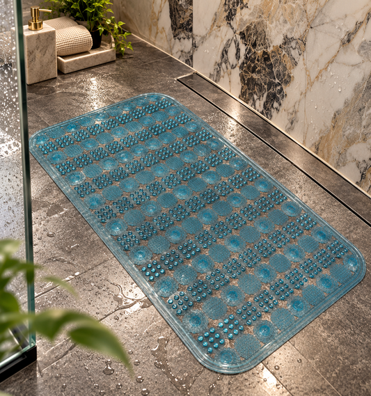 Covoras Antiderapant pentru Cada si Dus OptimDeko®, Transparent, PVC Premium, Ventuze Puternice, Textura cu Masaj pentru Talpi, Drenaj Rapid, Flexibil si Usor de Curatat, 65 x 36 cm, Albastru
