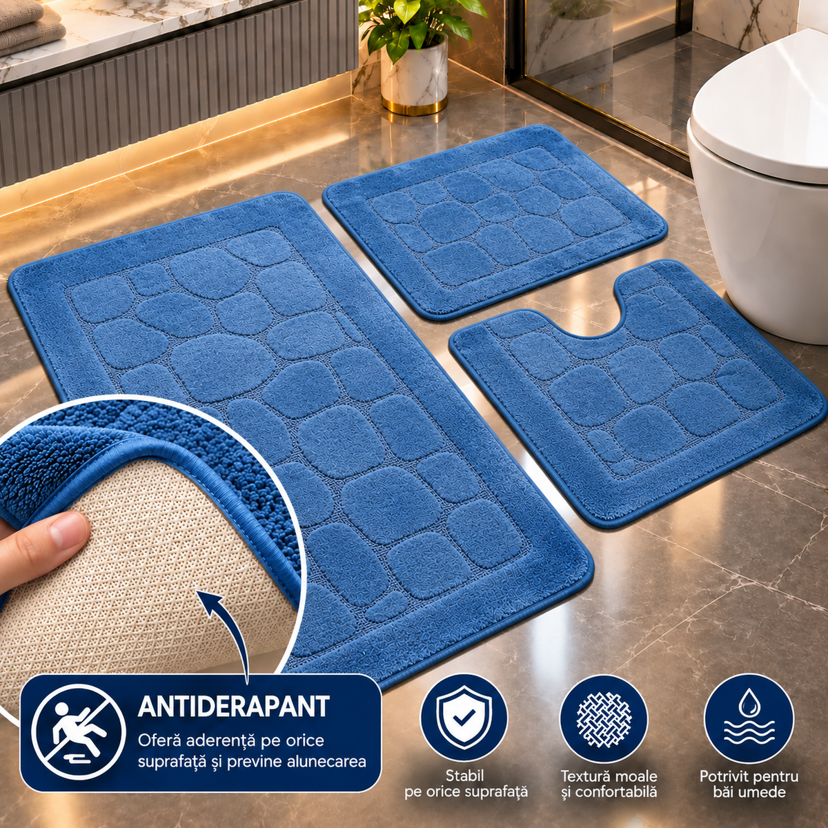 Covoras Baie Set 3 Piese, ®OPTIMDEKO, Antiderapant, Absorbant, 80x50 cm, 50x40 cm, 40x60 cm, Moale si Confortabil, Albastru Mono