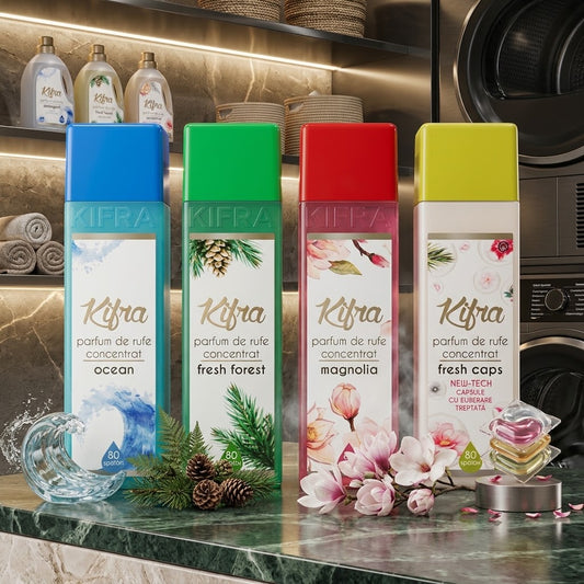 Pachet 4 x Parfum de Rufe Kifra, Fresh Caps, Ocean, Spring, Forest, 4 x 80 Spalari, 4 x 200 ml
