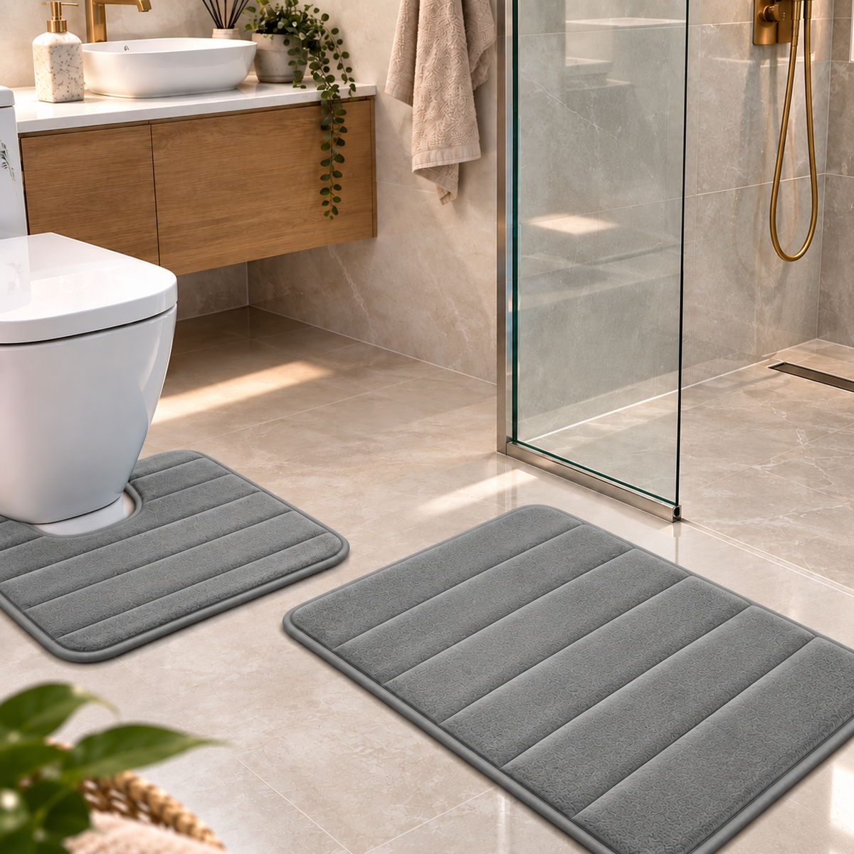 Covorase de Baie ®OPTIMDEKO, Spuma cu Memorie, 80x50 cm + 50x40 cm, Suprafata Moale si Absorbanta, Antiderapante, Lavabile, pentru Baie si WC, Gri