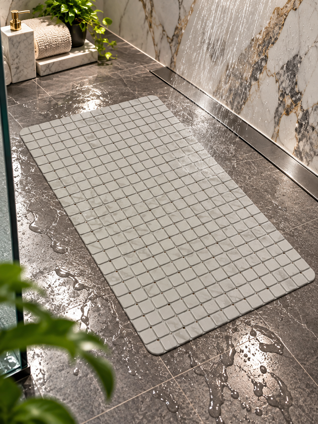 Covoras Antiderapant pentru Cada si Dus ®OPTIMDEKO, 70x40 cm, PVC Premium, Ventuze Puternice, Drenaj Rapid, Gri