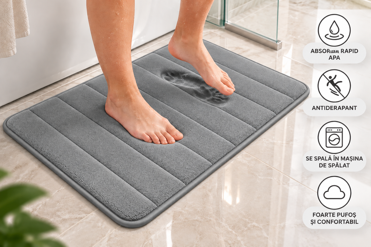 Covorase de Baie ®OPTIMDEKO, Spuma cu Memorie, 80x50 cm + 50x40 cm, Suprafata Moale si Absorbanta, Antiderapante, Lavabile, pentru Baie si WC, Gri
