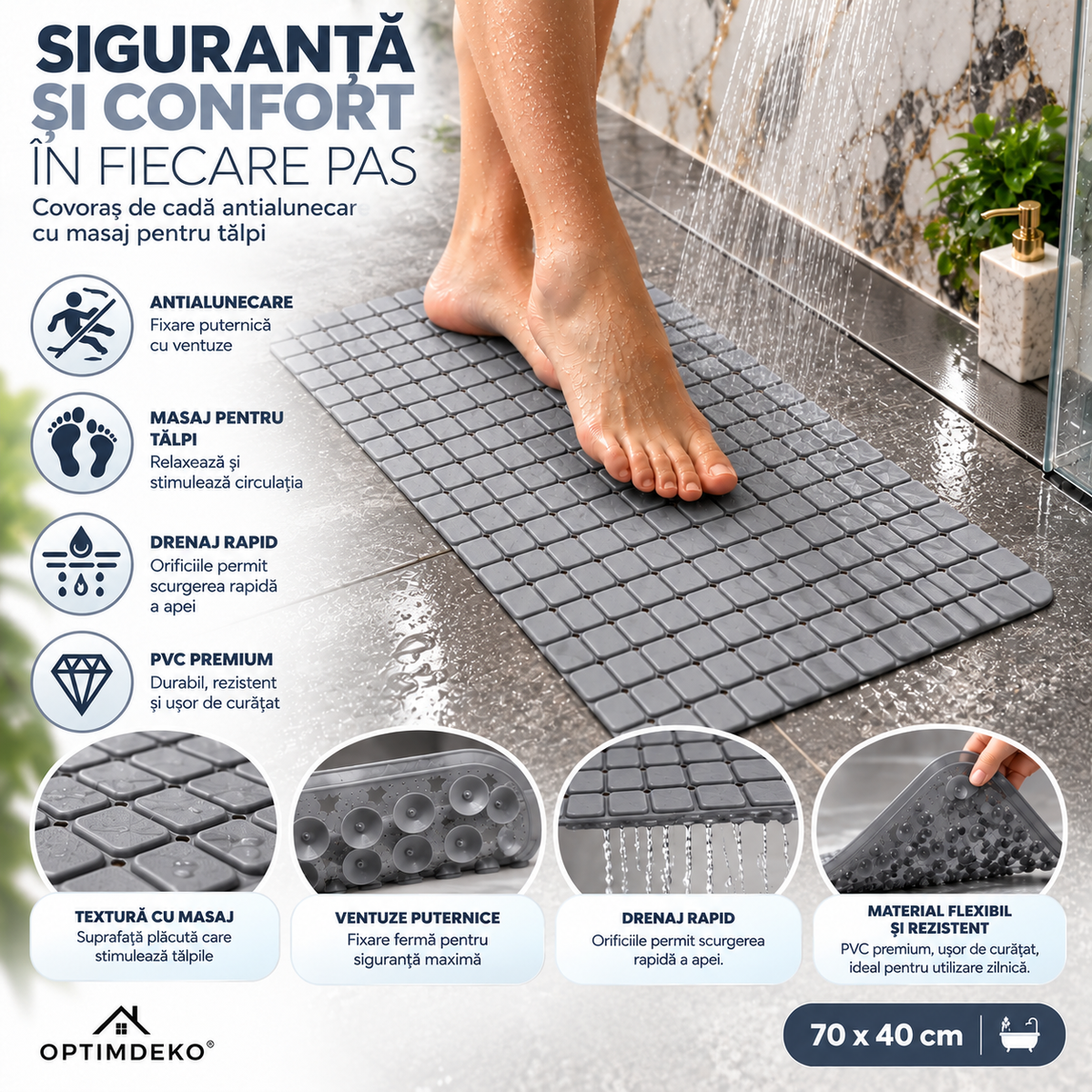 Covoras Antiderapant pentru Cada si Dus ®OPTIMDEKO, 70x40 cm, PVC Premium, Ventuze Puternice, Drenaj Rapid, Gri