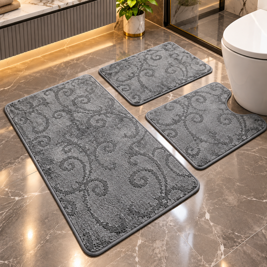 Covoras Baie Set 3 Piese, ®OPTIMDEKO, Antiderapant, Absorbant, 80x50 cm, 50x40 cm, 40x60 cm, Moale si Confortabil, Gri Mono