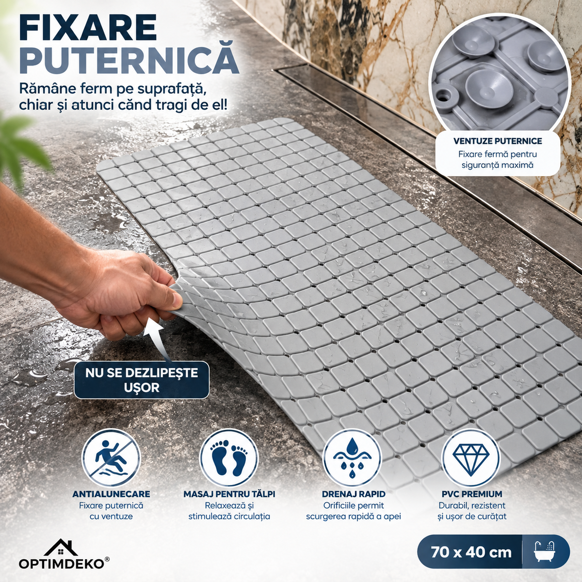 Covoras Antiderapant pentru Cada si Dus ®OPTIMDEKO, 70x40 cm, PVC Premium, Ventuze Puternice, Drenaj Rapid, Gri