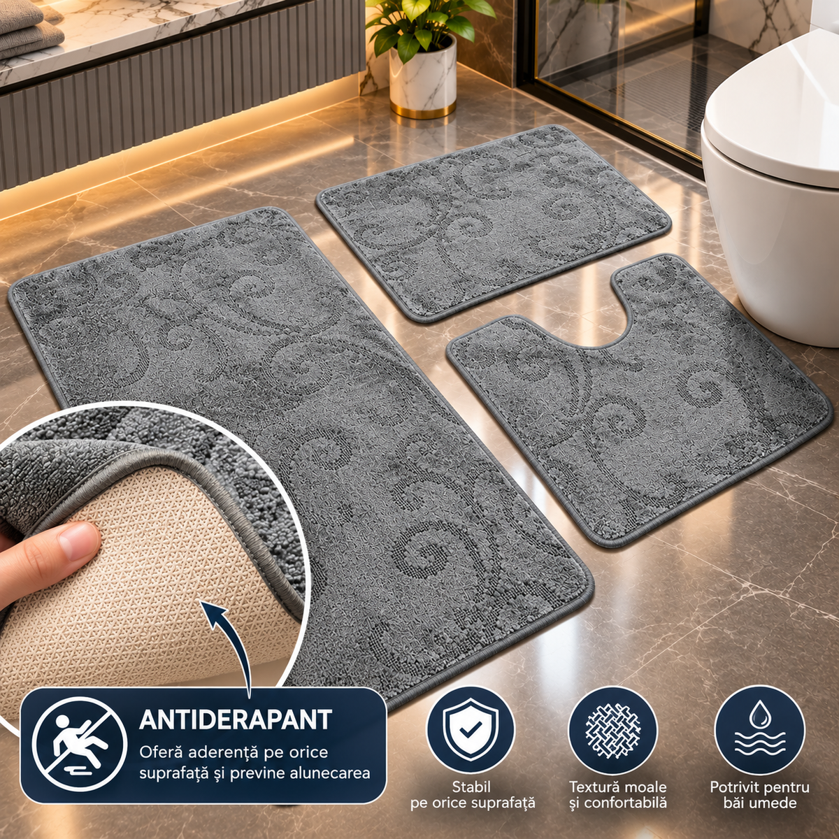 Covoras Baie Set 3 Piese, ®OPTIMDEKO, Antiderapant, Absorbant, 80x50 cm, 50x40 cm, 40x60 cm, Moale si Confortabil, Gri Mono