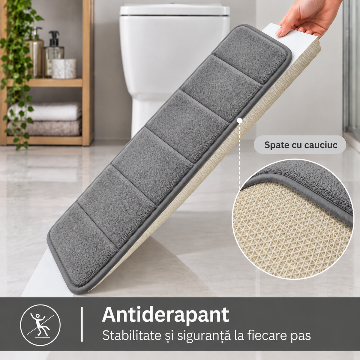 Covorase de Baie ®OPTIMDEKO, Spuma cu Memorie, 80x50 cm + 50x40 cm, Suprafata Moale si Absorbanta, Antiderapante, Lavabile, pentru Baie si WC, Gri