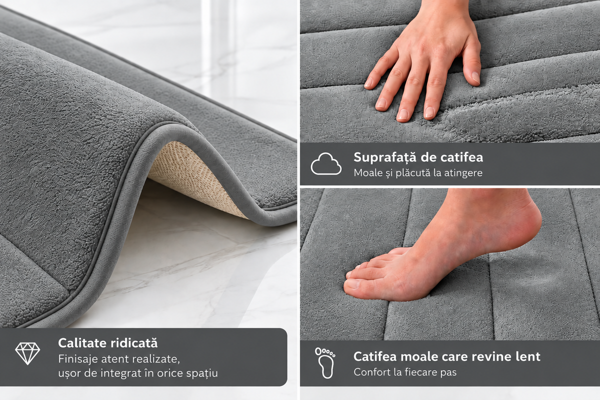 Covorase de Baie ®OPTIMDEKO, Spuma cu Memorie, 80x50 cm + 50x40 cm, Suprafata Moale si Absorbanta, Antiderapante, Lavabile, pentru Baie si WC, Gri
