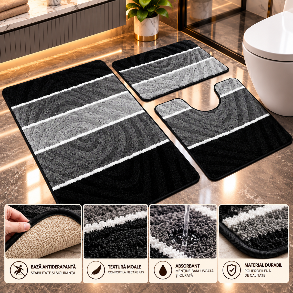 Covoras Baie Set 3 Piese, ®OPTIMDEKO, Antiderapant, Absorbant, 80x50 cm, 50x40 cm, 40x60 cm, Moale si Confortabil, Gri Multi