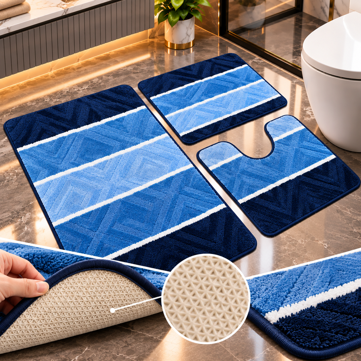 Covoras Baie Set 3 Piese, ®OPTIMDEKO, Antiderapant, Absorbant, 80x50 cm, 50x40 cm, 40x60 cm, Moale si Confortabil, Albastru Multi
