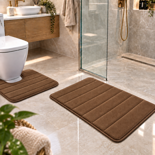 Covorase de Baie ®OPTIMDEKO, Spuma cu Memorie, 80x50 cm + 50x40 cm, Suprafata Moale si Absorbanta, Antiderapante, Lavabile, pentru Baie si WC, Maro