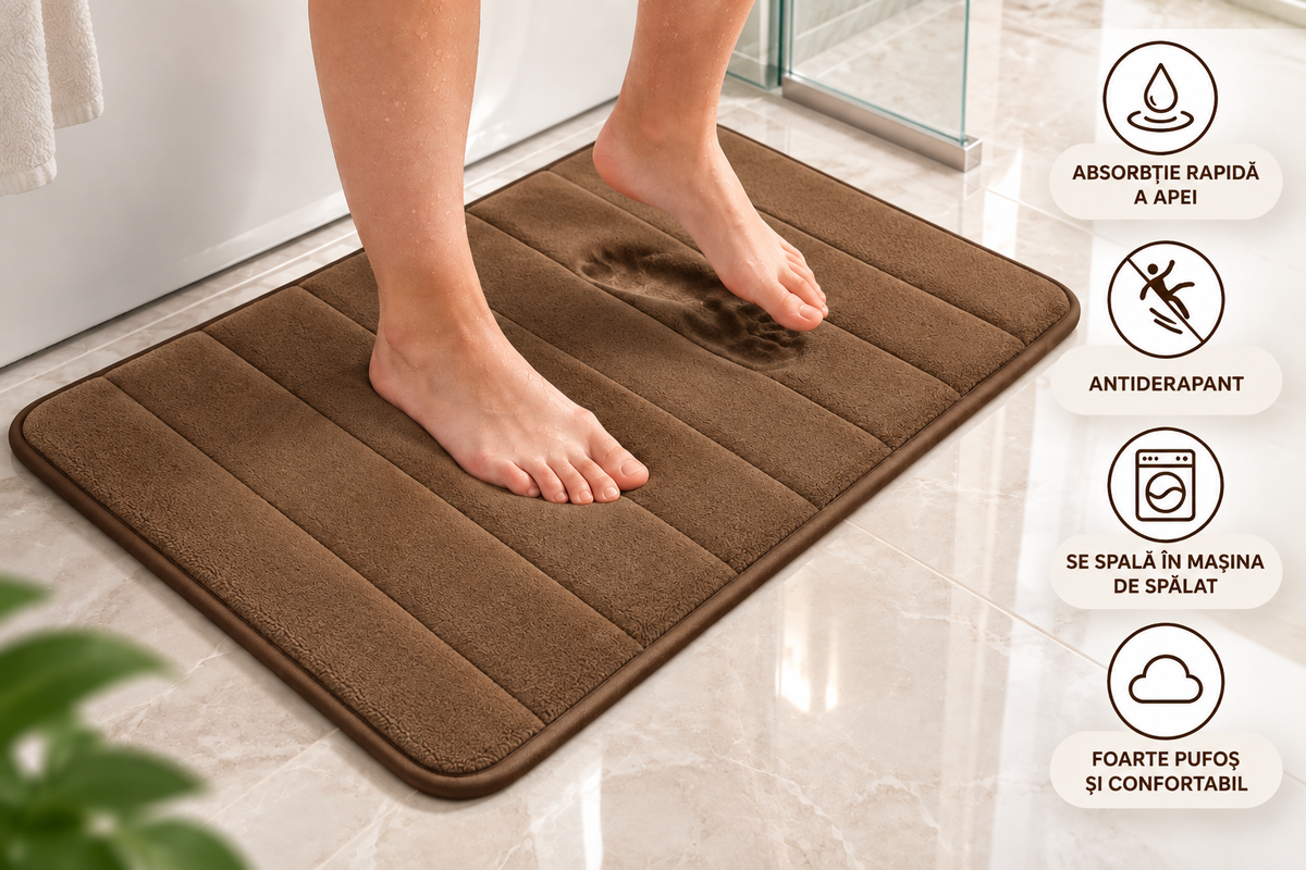 Covorase de Baie ®OPTIMDEKO, Spuma cu Memorie, 80x50 cm + 50x40 cm, Suprafata Moale si Absorbanta, Antiderapante, Lavabile, pentru Baie si WC, Maro