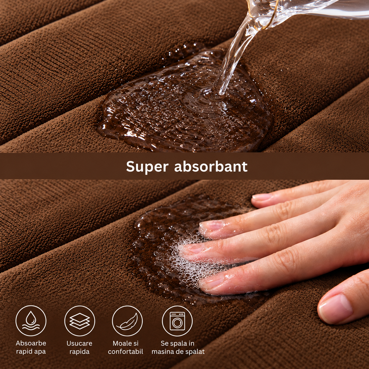 Covorase de Baie ®OPTIMDEKO, Spuma cu Memorie, 80x50 cm + 50x40 cm, Suprafata Moale si Absorbanta, Antiderapante, Lavabile, pentru Baie si WC, Maro