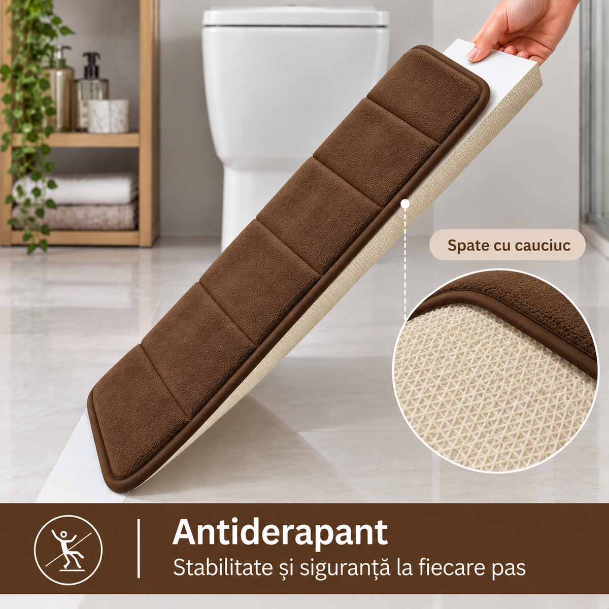 Covorase de Baie ®OPTIMDEKO, Spuma cu Memorie, 80x50 cm + 50x40 cm, Suprafata Moale si Absorbanta, Antiderapante, Lavabile, pentru Baie si WC, Maro